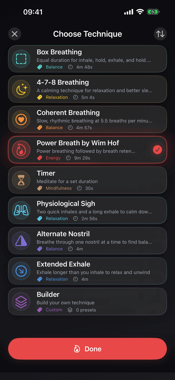 The Refresher technique picker listing box breathing, 4-7-8, coherent, Wim Hof and the rest with their patterns